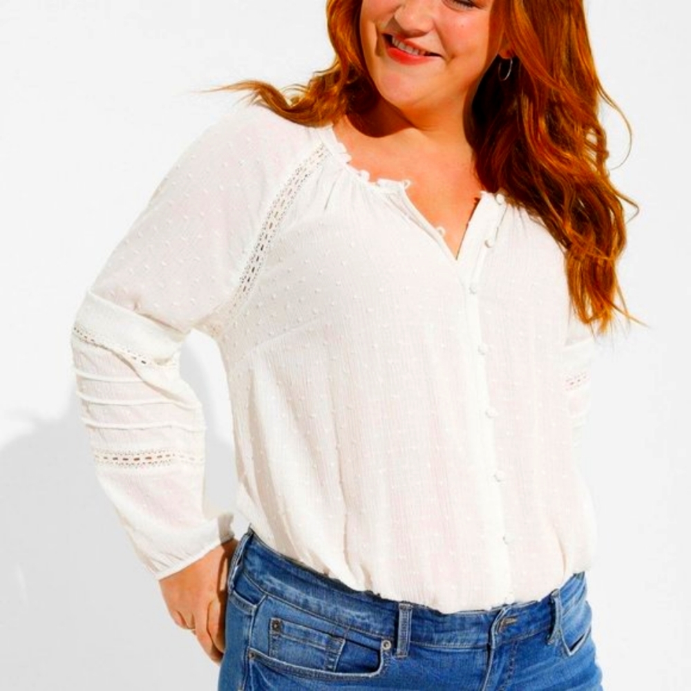 ❤️NWT TORRID TOP WASHABLE GAUZE LACE INSET BUTTON DOWN BLOUSON SLEEVE